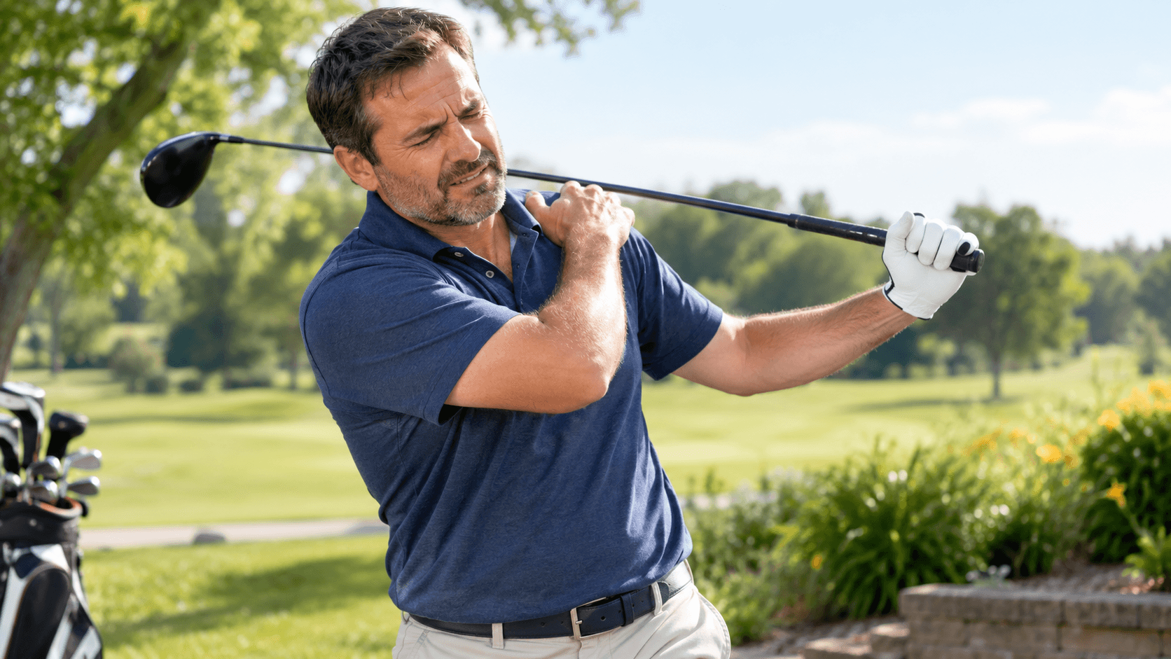 Golfer wincing from stubborn shoulder pain mid swing on a sunny course