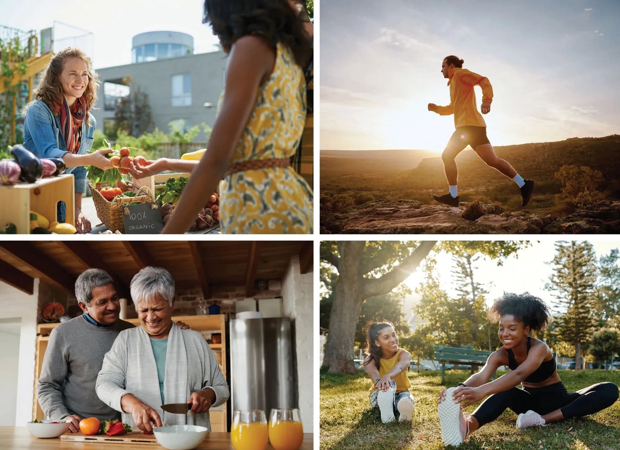 A balanced, vibrant lifestyle, fresh organic food, running, cooking together, and outdoor stretching